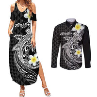 Aloha Hammerhead Shark Couples Matching Summer Maxi Dress and Long Sleeve Button Shirt Black Hawaiian Kakau Tribal Tattoo