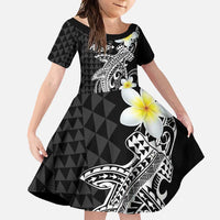 Aloha Hammerhead Shark Family Matching Long Sleeve Bodycon Dress and Hawaiian Shirt Black Hawaiian Kakau Tribal Tattoo