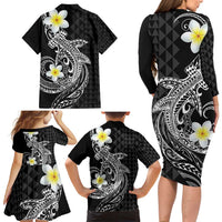 Aloha Hammerhead Shark Family Matching Long Sleeve Bodycon Dress and Hawaiian Shirt Black Hawaiian Kakau Tribal Tattoo