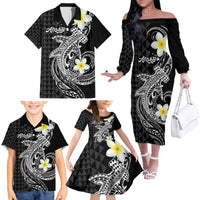 Aloha Hammerhead Shark Family Matching Off The Shoulder Long Sleeve Dress and Hawaiian Shirt Black Hawaiian Kakau Tribal Tattoo