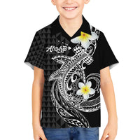 Aloha Hammerhead Shark Family Matching Off The Shoulder Long Sleeve Dress and Hawaiian Shirt Black Hawaiian Kakau Tribal Tattoo