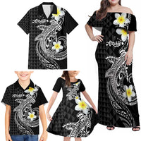 Aloha Hammerhead Shark Family Matching Off Shoulder Maxi Dress and Hawaiian Shirt Black Hawaiian Kakau Tribal Tattoo