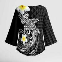 Aloha Hammerhead Shark Kimono Sleeve Blouse Black Hawaiian Kakau Tribal Tattoo - Polynesian Pride