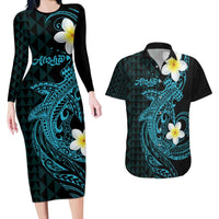 Aloha Hammerhead Shark Couples Matching Long Sleeve Bodycon Dress and Hawaiian Shirt Calypso Hawaiian Kakau Tribal Tattoo