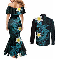 Aloha Hammerhead Shark Couples Matching Mermaid Dress and Long Sleeve Button Shirt Calypso Hawaiian Kakau Tribal Tattoo