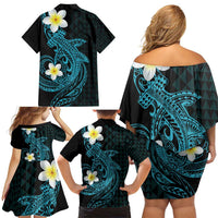Aloha Hammerhead Shark Family Matching Off Shoulder Short Dress and Hawaiian Shirt Calypso Hawaiian Kakau Tribal Tattoo