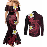 Aloha Hammerhead Shark Couples Matching Mermaid Dress and Long Sleeve Button Shirt Feverish Pink Hawaiian Kakau Tribal Tattoo