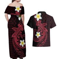 Aloha Hammerhead Shark Couples Matching Off Shoulder Maxi Dress and Hawaiian Shirt Feverish Pink Hawaiian Kakau Tribal Tattoo