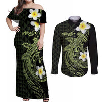 Aloha Hammerhead Shark Couples Matching Off Shoulder Maxi Dress and Long Sleeve Button Shirt Lime Rickey Hawaiian Kakau Tribal Tattoo