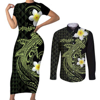 Aloha Hammerhead Shark Couples Matching Short Sleeve Bodycon Dress and Long Sleeve Button Shirt Lime Rickey Hawaiian Kakau Tribal Tattoo