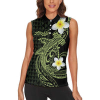 Aloha Hammerhead Shark Women Sleeveless Polo Shirt Lime Rickey Hawaiian Kakau Tribal Tattoo