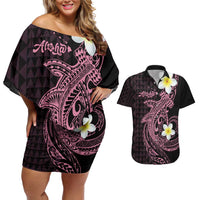 Aloha Hammerhead Shark Couples Matching Off Shoulder Short Dress and Hawaiian Shirt Vivacious Pink Hawaiian Kakau Tribal Tattoo