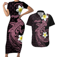Aloha Hammerhead Shark Couples Matching Short Sleeve Bodycon Dress and Hawaiian Shirt Vivacious Pink Hawaiian Kakau Tribal Tattoo