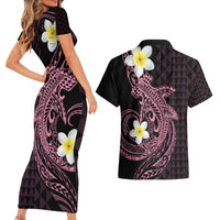 Aloha Hammerhead Shark Couples Matching Short Sleeve Bodycon Dress and Hawaiian Shirt Vivacious Pink Hawaiian Kakau Tribal Tattoo