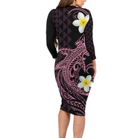 Aloha Hammerhead Shark Family Matching Long Sleeve Bodycon Dress and Hawaiian Shirt Vivacious Pink Hawaiian Kakau Tribal Tattoo