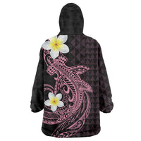 Aloha Hammerhead Shark Wearable Blanket Hoodie Vivacious Pink Hawaiian Kakau Tribal Tattoo