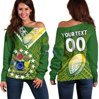 (Custom Text And Number) The Kuki's Cook Islands Rugby Off Shoulder Sweater Be Unique Vibe Green LT9 Women Green - Polynesian Pride