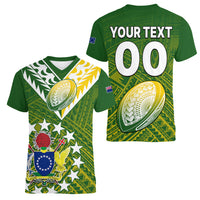 (Custom Text And Number) The Kuki's Cook Islands Rugby Women V Neck T Shirt Be Unique Vibe Green LT9 Female Green - Polynesian Pride