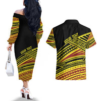 Personalised Tonga Ha apai High School Couples Matching Off The Shoulder Long Sleeve Dress and Hawaiian Shirt Ngatu Fonulei Pattern LT9 - Polynesian Pride