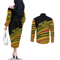 Personalised Tonga Ha apai High School Couples Matching Off The Shoulder Long Sleeve Dress and Long Sleeve Button Shirt Ngatu Fonulei Pattern LT9 - Polynesian Pride