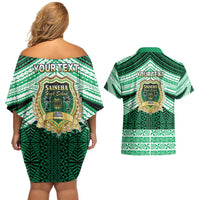 Personalised Tonga Saineha High School Couples Matching Off Shoulder Short Dress and Hawaiian Shirt Polynesian Ngatu Tribal