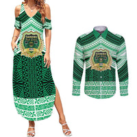 Personalised Tonga Saineha High School Couples Matching Summer Maxi Dress and Long Sleeve Button Shirt Polynesian Ngatu Tribal LT9 Green - Polynesian Pride