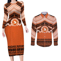 Personalised Tonga Tailulu College Couples Matching Long Sleeve Bodycon Dress and Long Sleeve Button Shirt Polynesian Ngatu Tribal LT9 Orange - Polynesian Pride