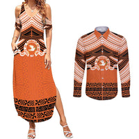 Personalised Tonga Tailulu College Couples Matching Summer Maxi Dress and Long Sleeve Button Shirt Polynesian Ngatu Tribal LT9 Orange - Polynesian Pride