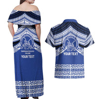 Personalised Tonga Taufa'ahau Pilolevu College Couples Matching Off Shoulder Maxi Dress and Hawaiian Shirt Polynesian Ngatu Tribal