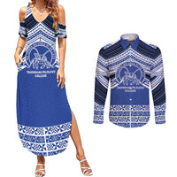 Personalised Tonga Taufa'ahau Pilolevu College Couples Matching Summer Maxi Dress and Long Sleeve Button Shirt Polynesian Ngatu Tribal LT9 Blue - Polynesian Pride