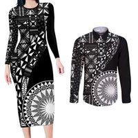 Black Tongan Ngatu Fonulei Pattern Couples Matching Long Sleeve Bodycon Dress and Long Sleeve Button Shirt LT9 Black - Polynesian Pride