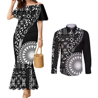 Black Tongan Ngatu Fonulei Pattern Couples Matching Mermaid Dress and Long Sleeve Button Shirt LT9 Black - Polynesian Pride