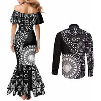 Black Tongan Ngatu Fonulei Pattern Couples Matching Mermaid Dress and Long Sleeve Button Shirt LT9 - Polynesian Pride