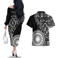 Black Tongan Ngatu Fonulei Pattern Couples Matching Off The Shoulder Long Sleeve Dress and Hawaiian Shirt LT9 - Polynesian Pride