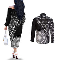 Black Tongan Ngatu Fonulei Pattern Couples Matching Off The Shoulder Long Sleeve Dress and Long Sleeve Button Shirt LT9 - Polynesian Pride