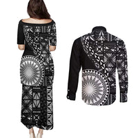 Black Tongan Ngatu Fonulei Pattern Couples Matching Puletasi and Long Sleeve Button Shirt LT9 - Polynesian Pride