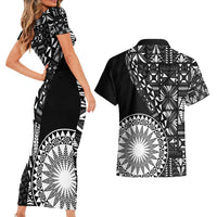 Black Tongan Ngatu Fonulei Pattern Couples Matching Short Sleeve Bodycon Dress and Hawaiian Shirt LT9 - Polynesian Pride
