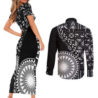 Black Tongan Ngatu Fonulei Pattern Couples Matching Short Sleeve Bodycon Dress and Long Sleeve Button Shirt LT9 - Polynesian Pride