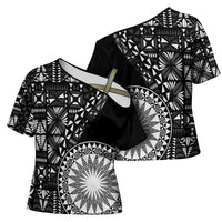 Black Tongan Ngatu Fonulei Pattern Cross Shoulder Shirt LT9 - Polynesian Pride