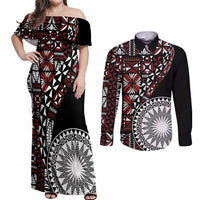 Red Tongan Ngatu Fonulei Pattern Couples Matching Off Shoulder Maxi Dress and Long Sleeve Button Shirt