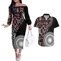 Red Tongan Ngatu Fonulei Pattern Couples Matching Off The Shoulder Long Sleeve Dress and Hawaiian Shirt LT9 Red - Polynesian Pride