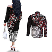 Red Tongan Ngatu Fonulei Pattern Couples Matching Off The Shoulder Long Sleeve Dress and Long Sleeve Button Shirt LT9 - Polynesian Pride