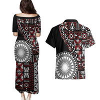 Red Tongan Ngatu Fonulei Pattern Couples Matching Puletasi and Hawaiian Shirt LT9 - Polynesian Pride