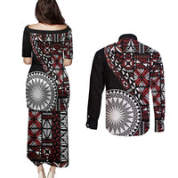 Red Tongan Ngatu Fonulei Pattern Couples Matching Puletasi and Long Sleeve Button Shirt LT9 - Polynesian Pride