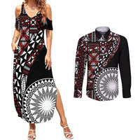 Red Tongan Ngatu Fonulei Pattern Couples Matching Summer Maxi Dress and Long Sleeve Button Shirt LT9 Red - Polynesian Pride