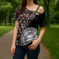 Red Tongan Ngatu Fonulei Pattern Cross Shoulder Shirt LT9 - Polynesian Pride