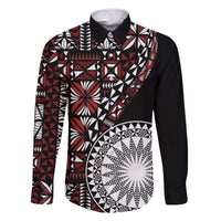Red Tongan Ngatu Fonulei Pattern Family Matching Off The Shoulder Long Sleeve Dress and Hawaiian Shirt