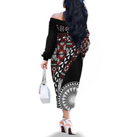 Red Tongan Ngatu Fonulei Pattern Family Matching Off The Shoulder Long Sleeve Dress and Hawaiian Shirt