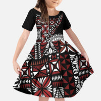 Red Tongan Ngatu Fonulei Pattern Family Matching Off Shoulder Maxi Dress and Hawaiian Shirt