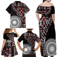Red Tongan Ngatu Fonulei Pattern Family Matching Off Shoulder Maxi Dress and Hawaiian Shirt